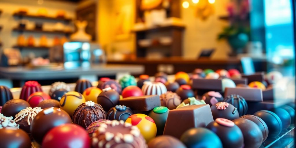 Gourmet chocolates on display in cafe case.