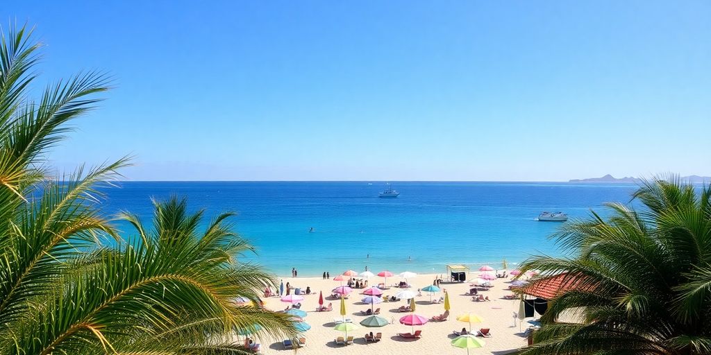 Vibrant beach scene in Cabo San Lucas with palm trees.