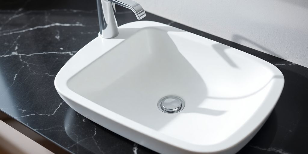 Clean white bathroom, countertop, modern sink, faucet.