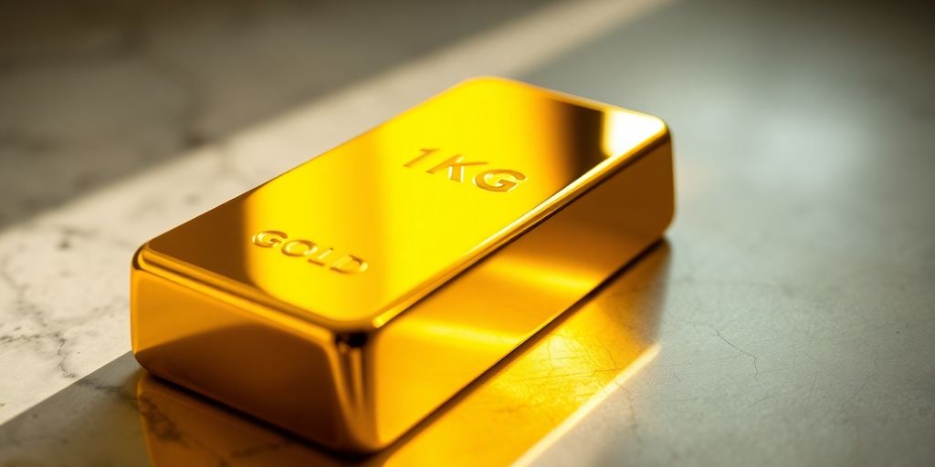 Lingot d'or brillant posé sur une surface sombre.