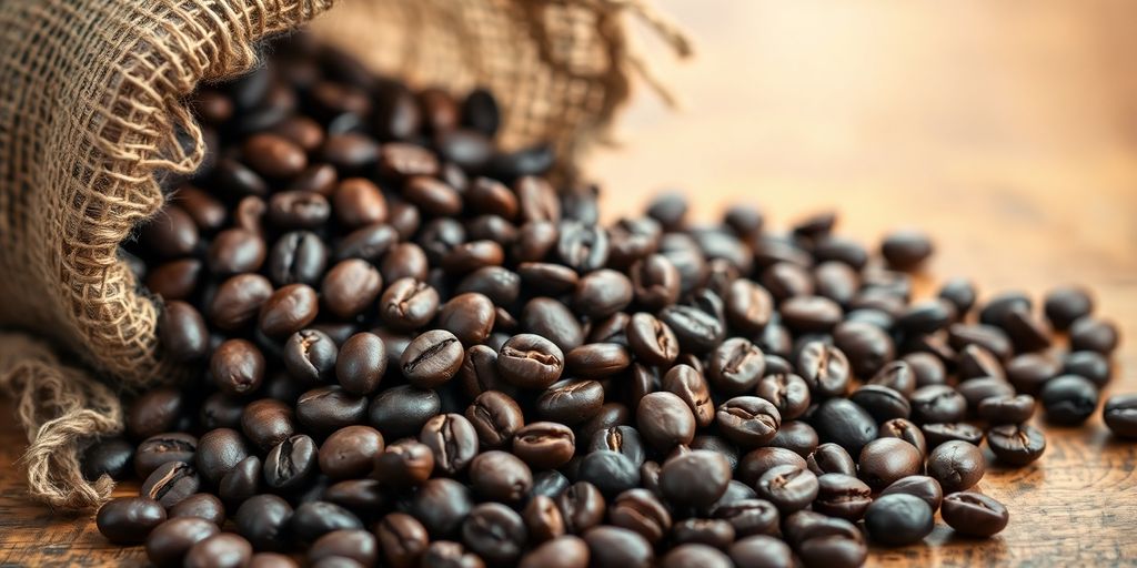 Close-up coffee beans, rich brown color, rustic burlap.