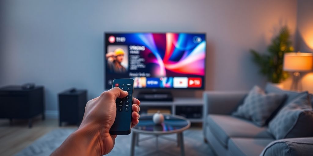 Hands holding remote, pointing at TV screen with streaming interface.