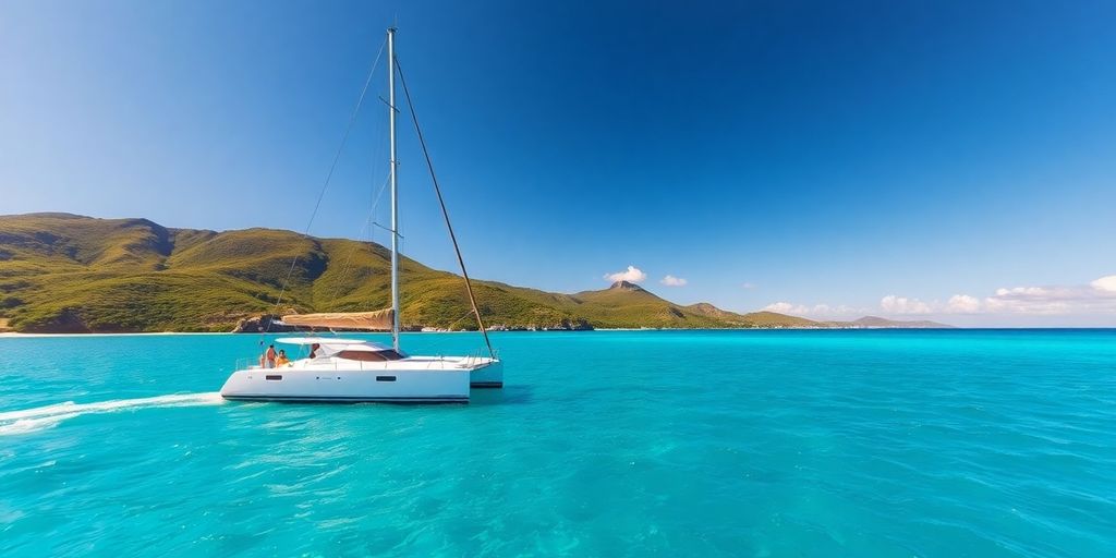 Catamaran sailing crystal waters, St. Martin coastline.
