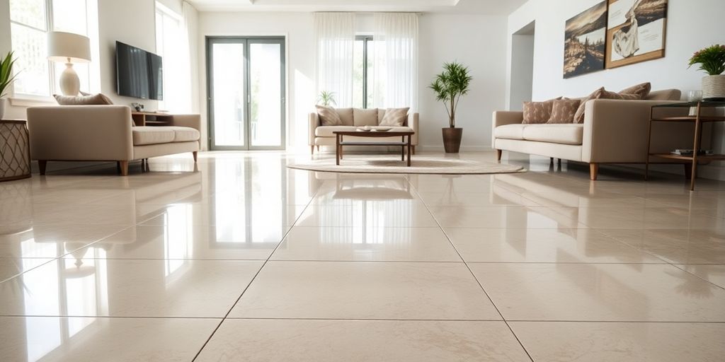 Modern living room with elegant floor tiles.