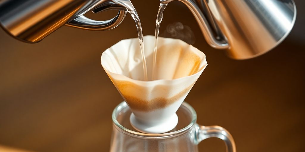 V60 coffee setup, pour-over, mug, steam, light.