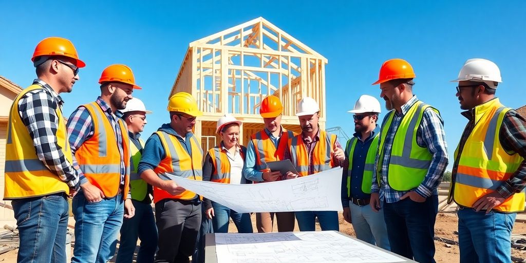 Construction team reviewing blueprints at a job site.