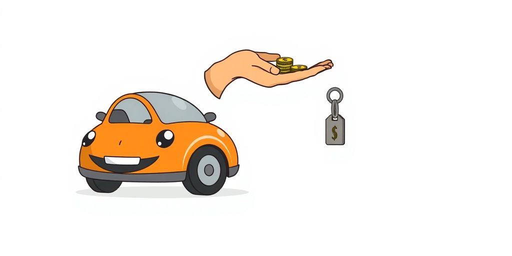 Cartoon car with keys and money.