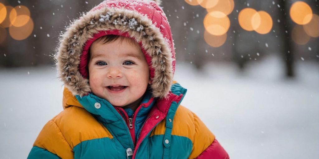 Baby in cozy winter jacket with snowy background
