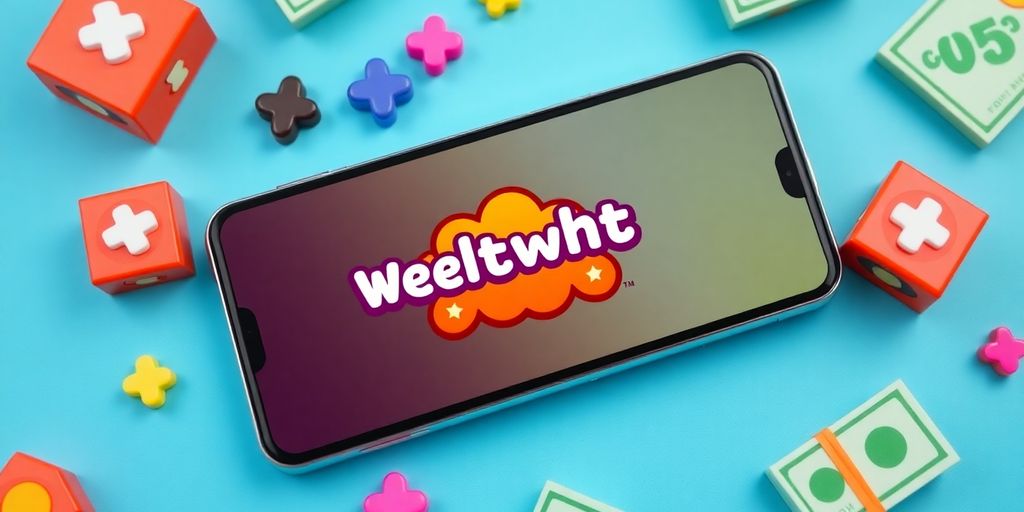 Smartphone with Wealthwords app and game icons.