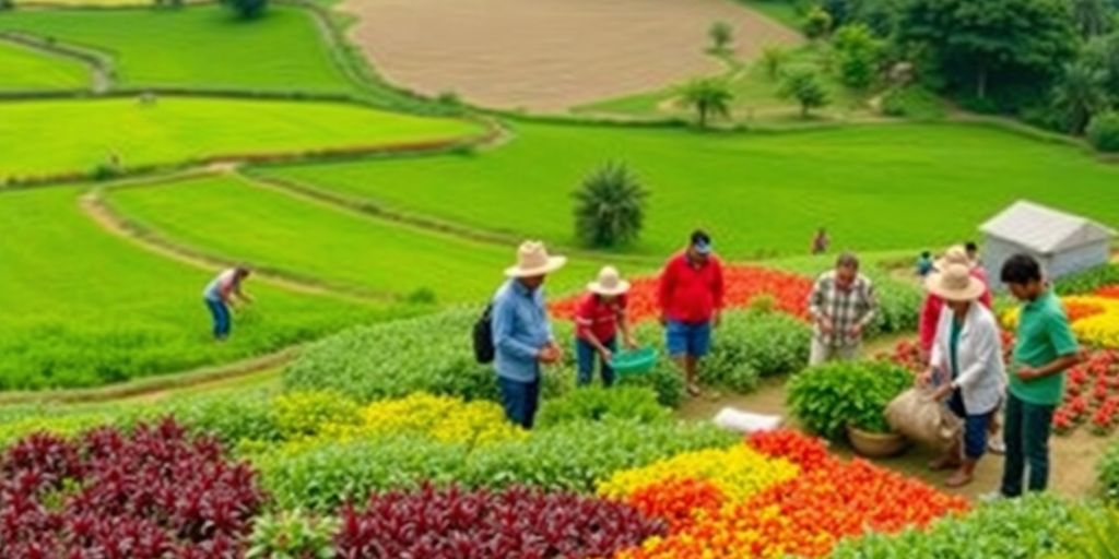 Peisaj agricol ecologic cu comunități locale unite.