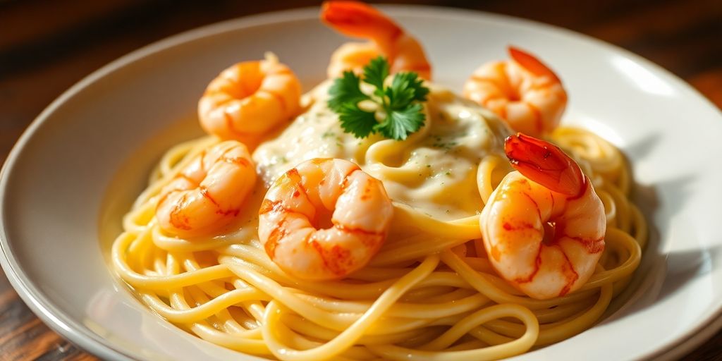 Cremige Spaghetti Alfredo mit Garnelen und frischer Petersilie.