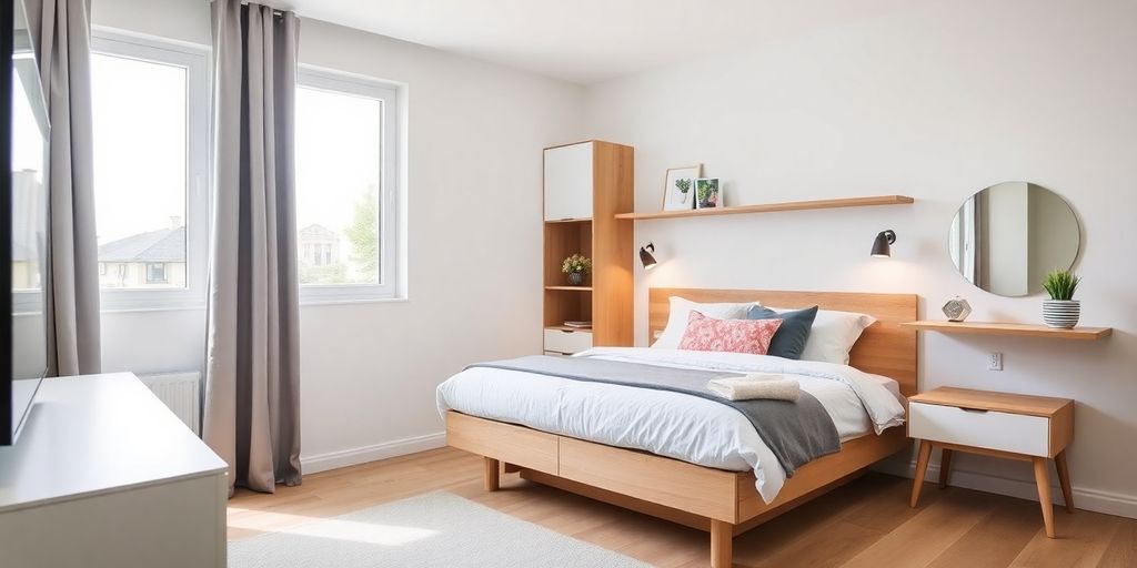 Cozy bedroom with space-saving furniture and multifunctional bed.