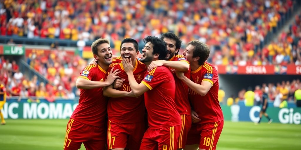 Spain soccer players celebrating a goal in stadium.