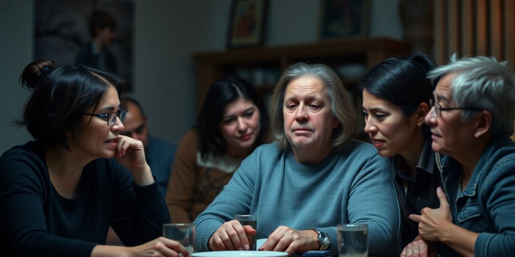 A tense family gathering depicting emotional distance.