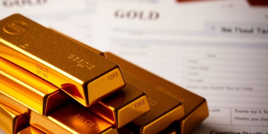 Barres d'or empilées avec des documents fiscaux flous.