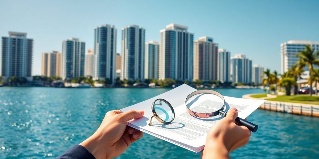 Coastal Aventura skyline, documents, magnifying glass