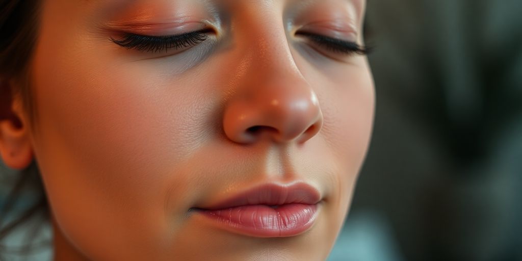 Person relaxing, serene expression, soft light.