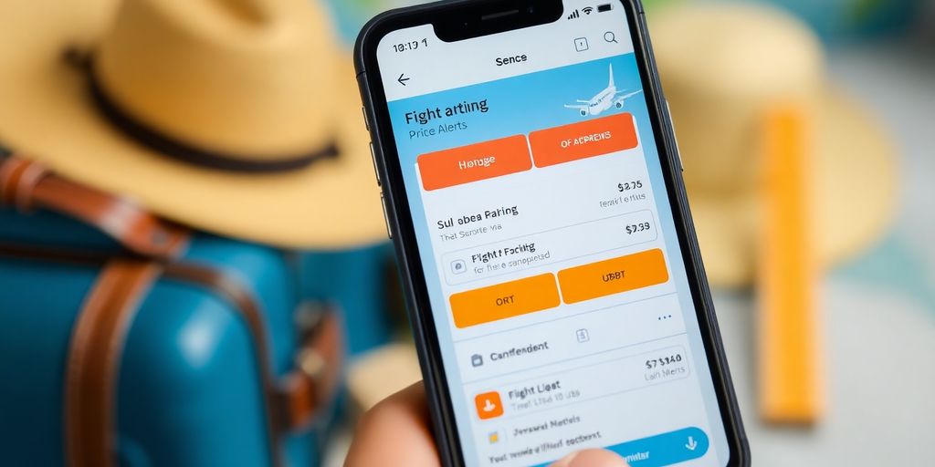Smartphone with flight booking app and price alerts.