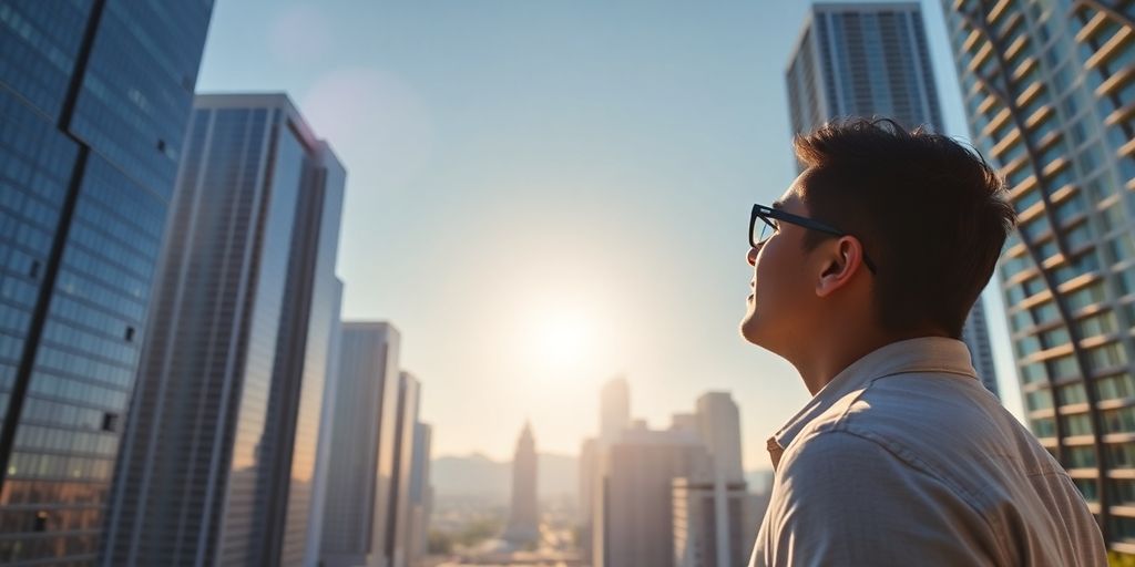 Person looking at financial district buildings
