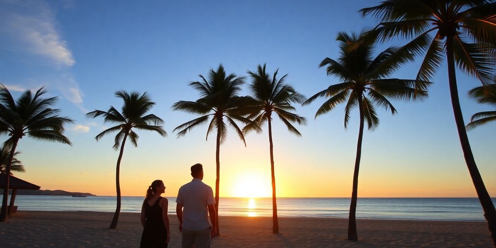 Beachfront property in Phuket with sunset and palm trees.