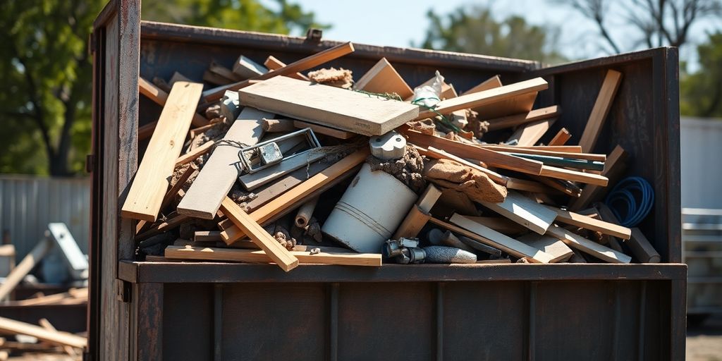 Dumpster with debris and construction materials.