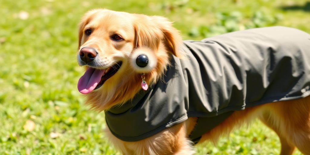 Adorable dog in practical, stylish clothes outdoors.