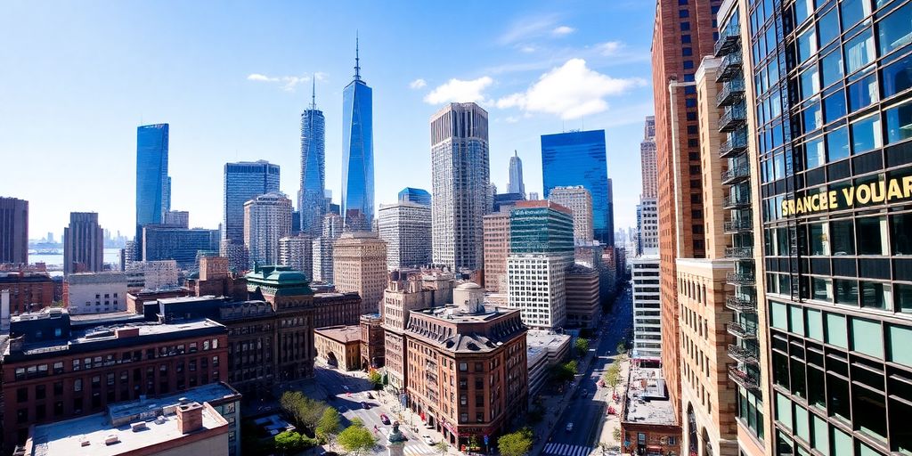 Colorful city skyline with skyscrapers and busy streets.