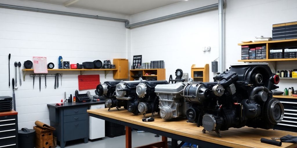 Volkswagen engine parts laid out on a workbench