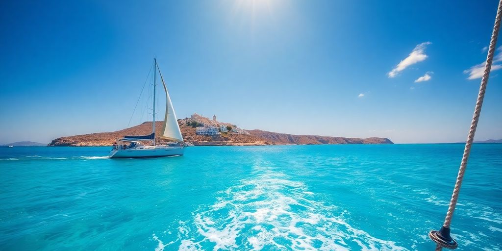 Sailboat on clear blue Greek water near island.
