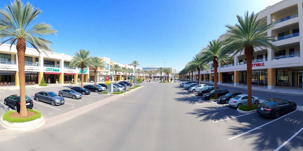 Citywalk parking area in Dubai with palm trees.