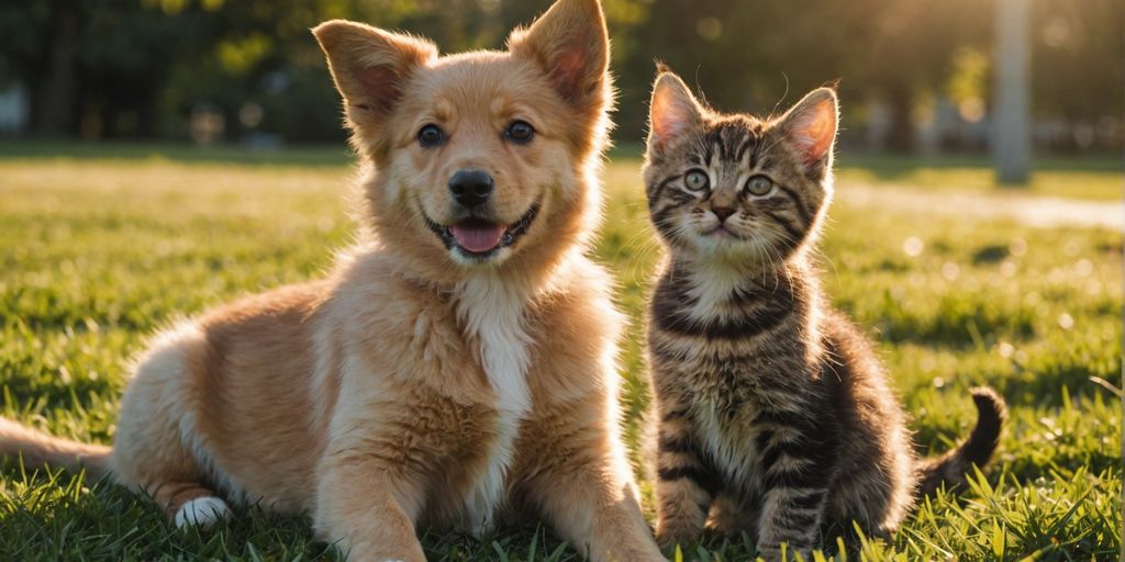 Happy puppy and kitten in a grassy park
