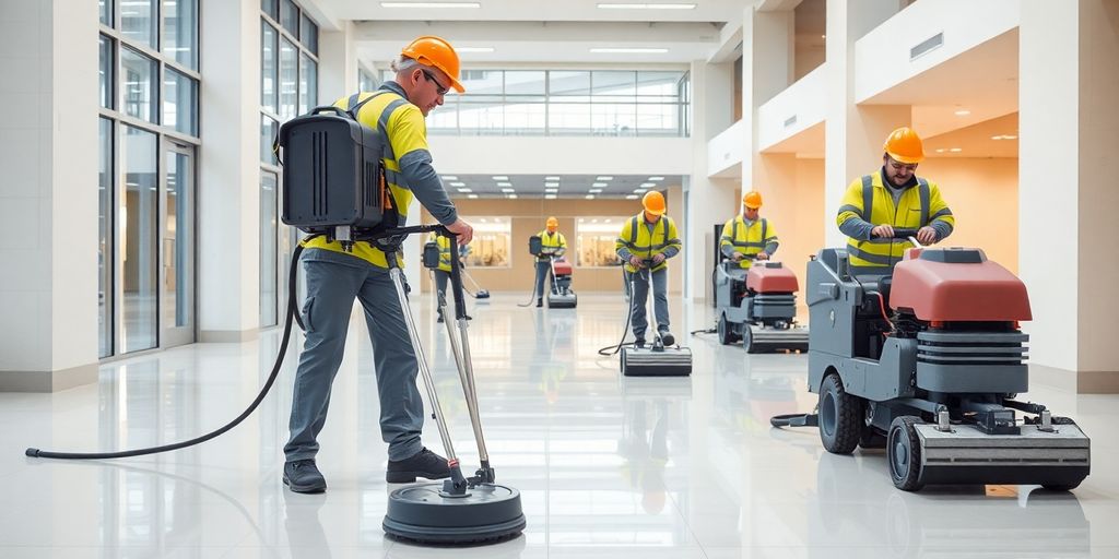 Cleaners using specialized equipment to clean a construction site.
