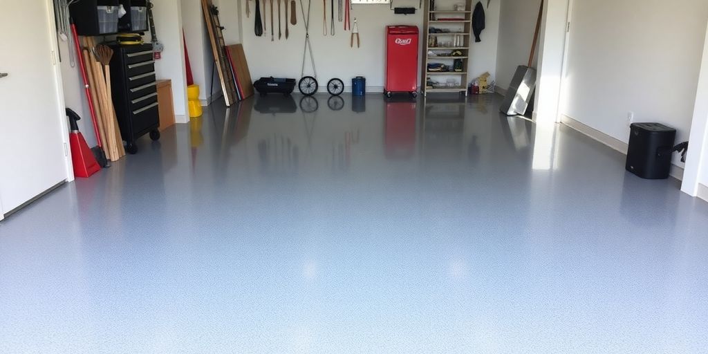 Shiny epoxy garage floor with tools organized neatly.