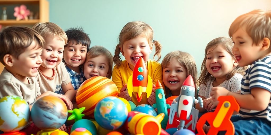 Children smiling holding space-themed toys.