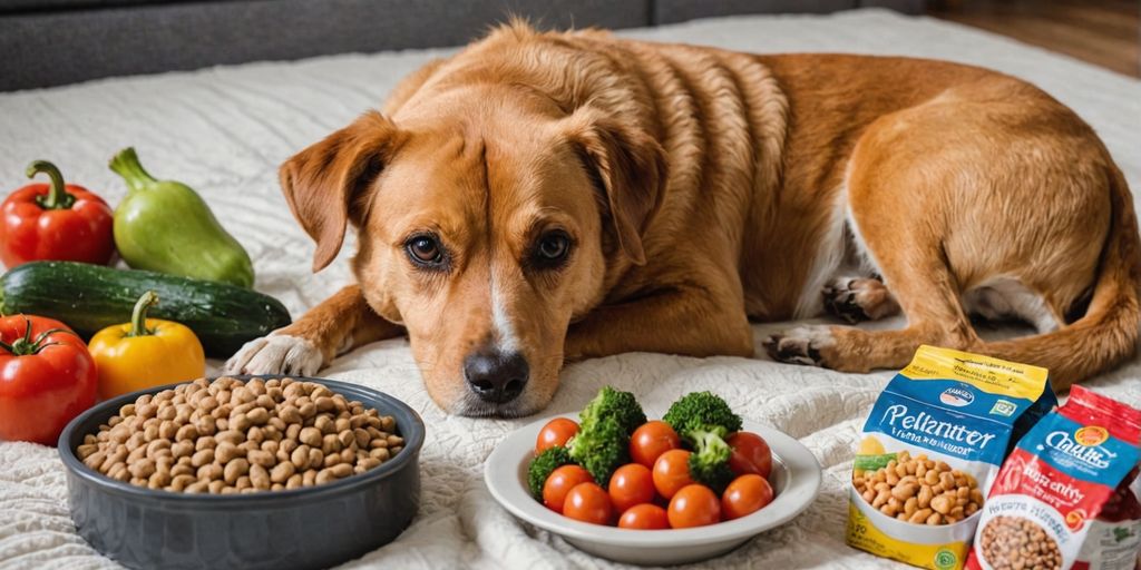 Pregnant dog with nutritious food items