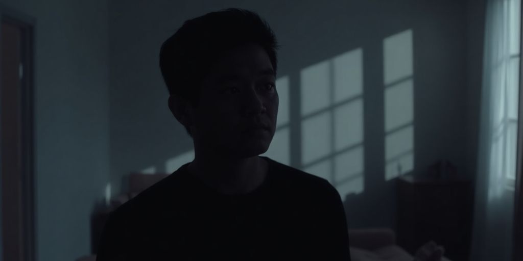 Person in a dimly lit room, looking withdrawn.