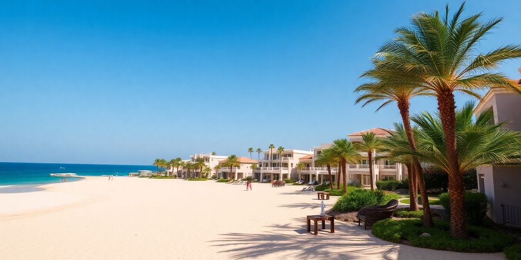 Luxury beach resort in Diamante Cabo with palm trees.