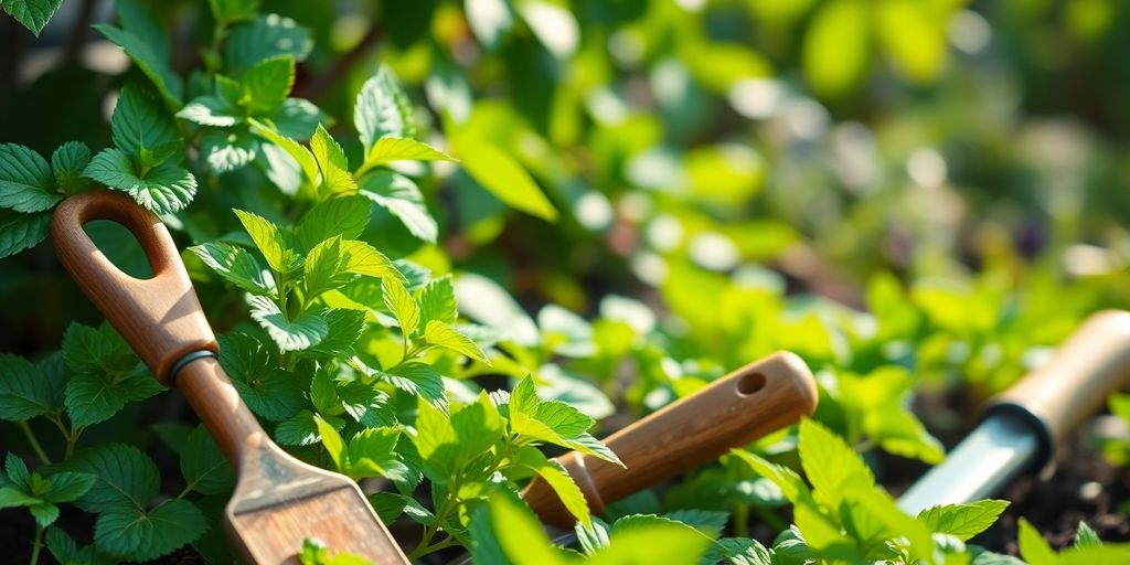 A serene garden scene with lush greenery and tools.