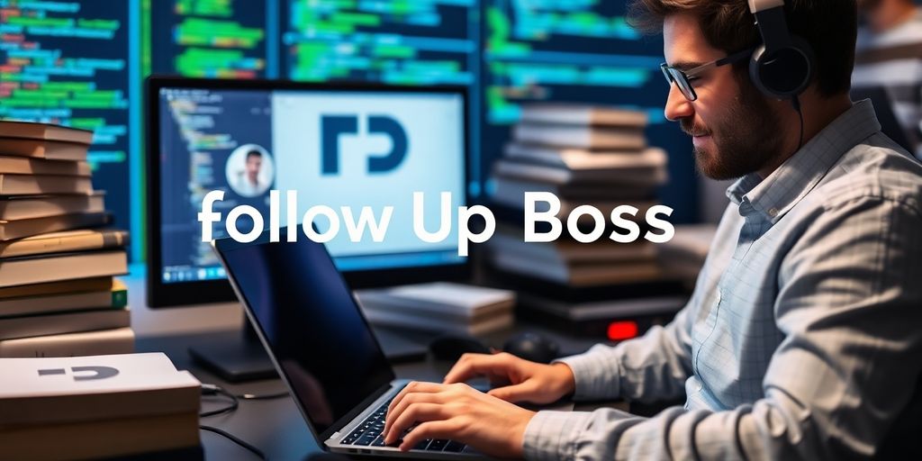 Developer coding with Follow Up Boss logo in background.