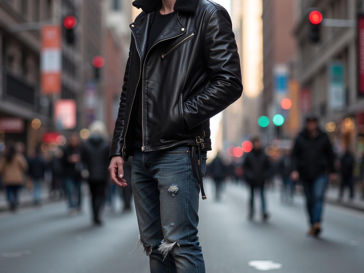A person stands confidently in urban streetwear on a busy street.