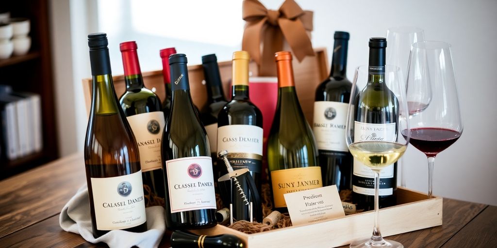 Wine subscription box with premium wines and glasses.