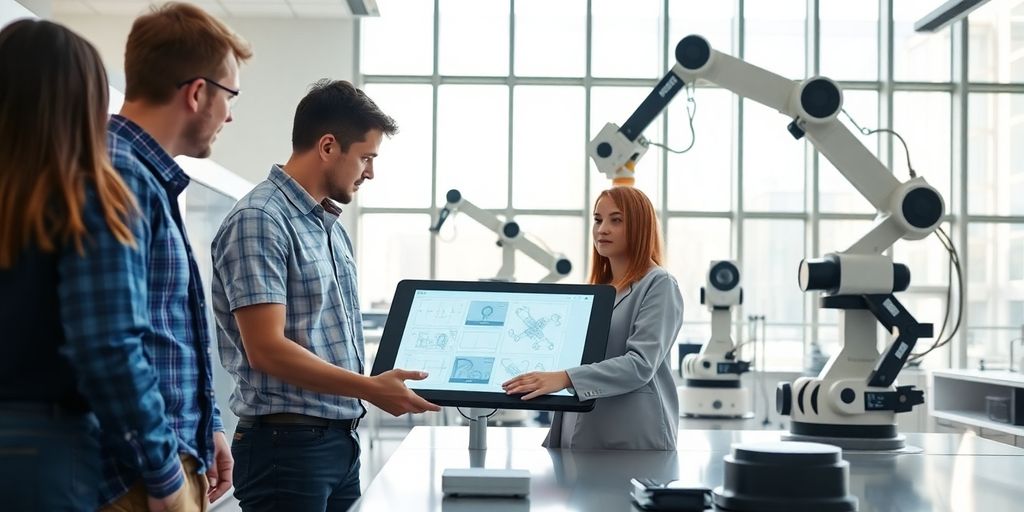 Students and faculty collaborate in a modern university innovation lab.