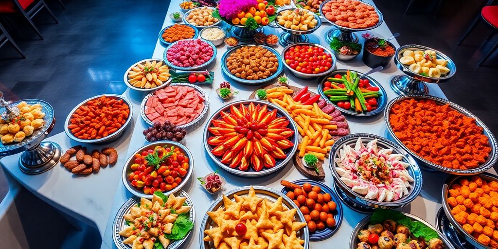 อาหารหลากหลายประเภทบนโต๊ะจัดเลี้ยง
