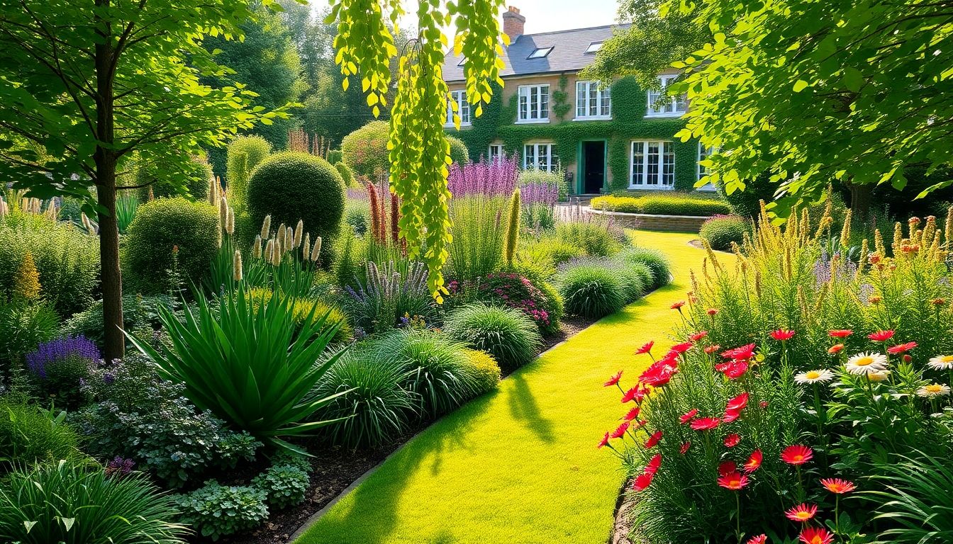 Lush garden with native plants and vibrant flowers.