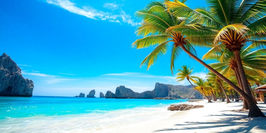 Sunny beach with clear blue water and palm trees.