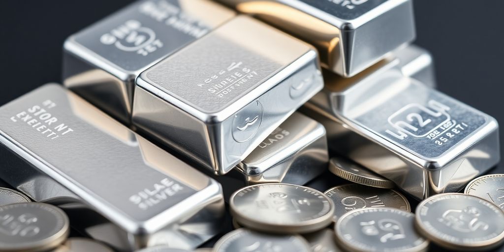 Lingots et pièces d'argent brillant.