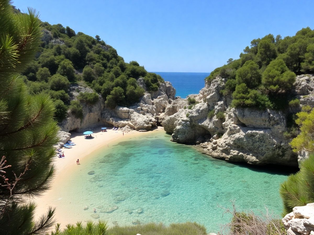 Turquoise water laps a secluded sandy cove in Menorca.