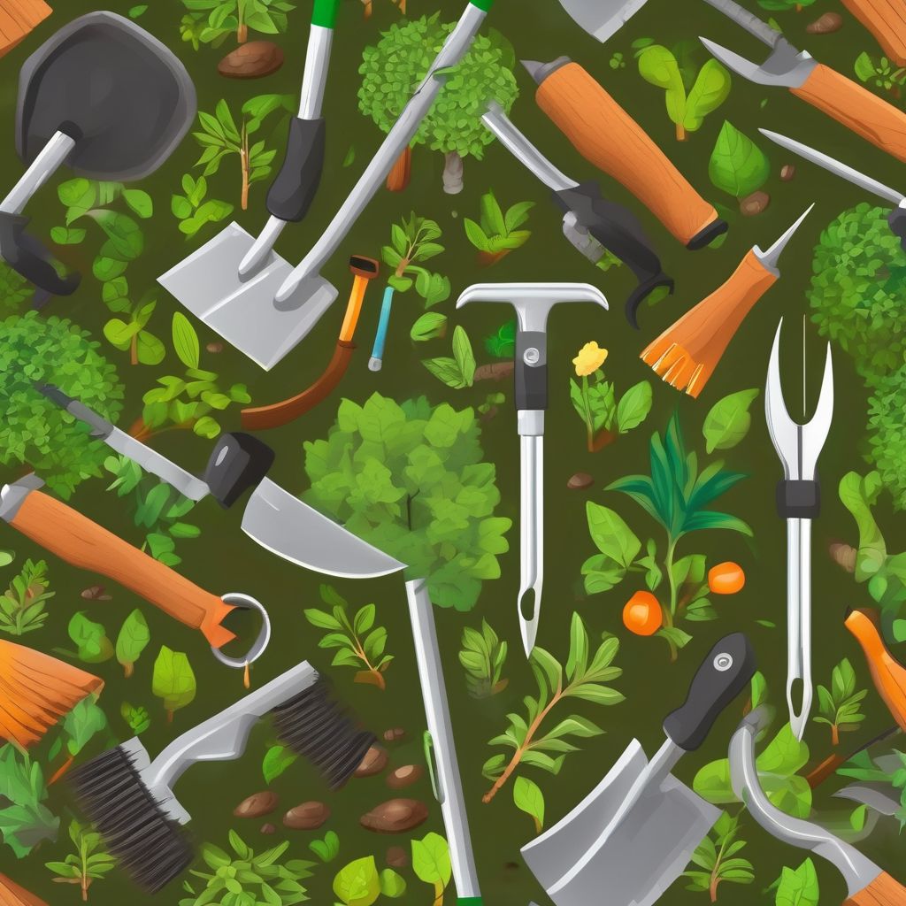 gardening tools in use, garden soil preparation, pruning, digging, weeding, high-quality tools, lush garden background