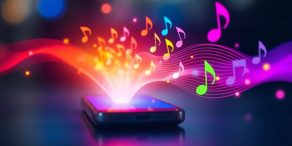 Une main tenant un smartphone affichant une note de musique.
