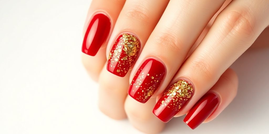 Unha vermelha escura com glitter dourado brilhante.